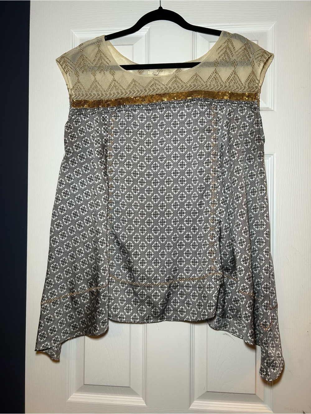 Anthropologie Floreat Sheer Yoke Boho Printed Blouse in Cream and Gray